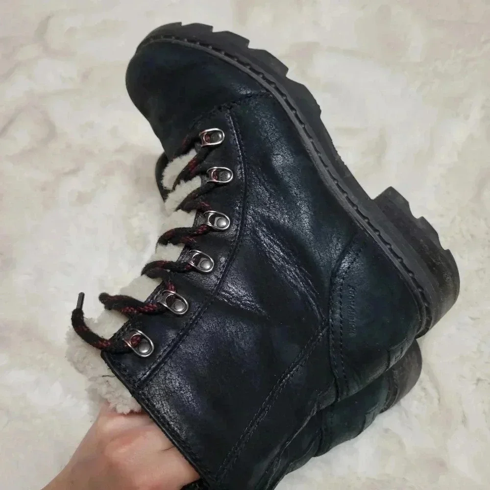 Sorel Lennox Black Leather Moto Combat Lace Up Lug Sole Boots Sherpa Size 8